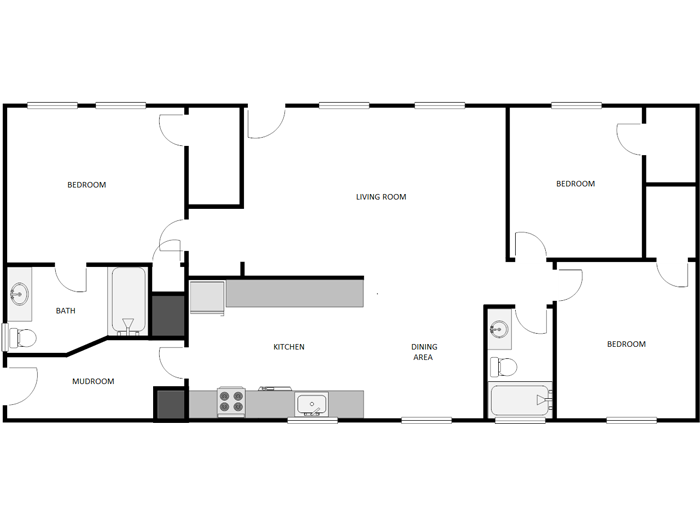 Floor plan for 3 beds, 2 baths, 1140 sqft